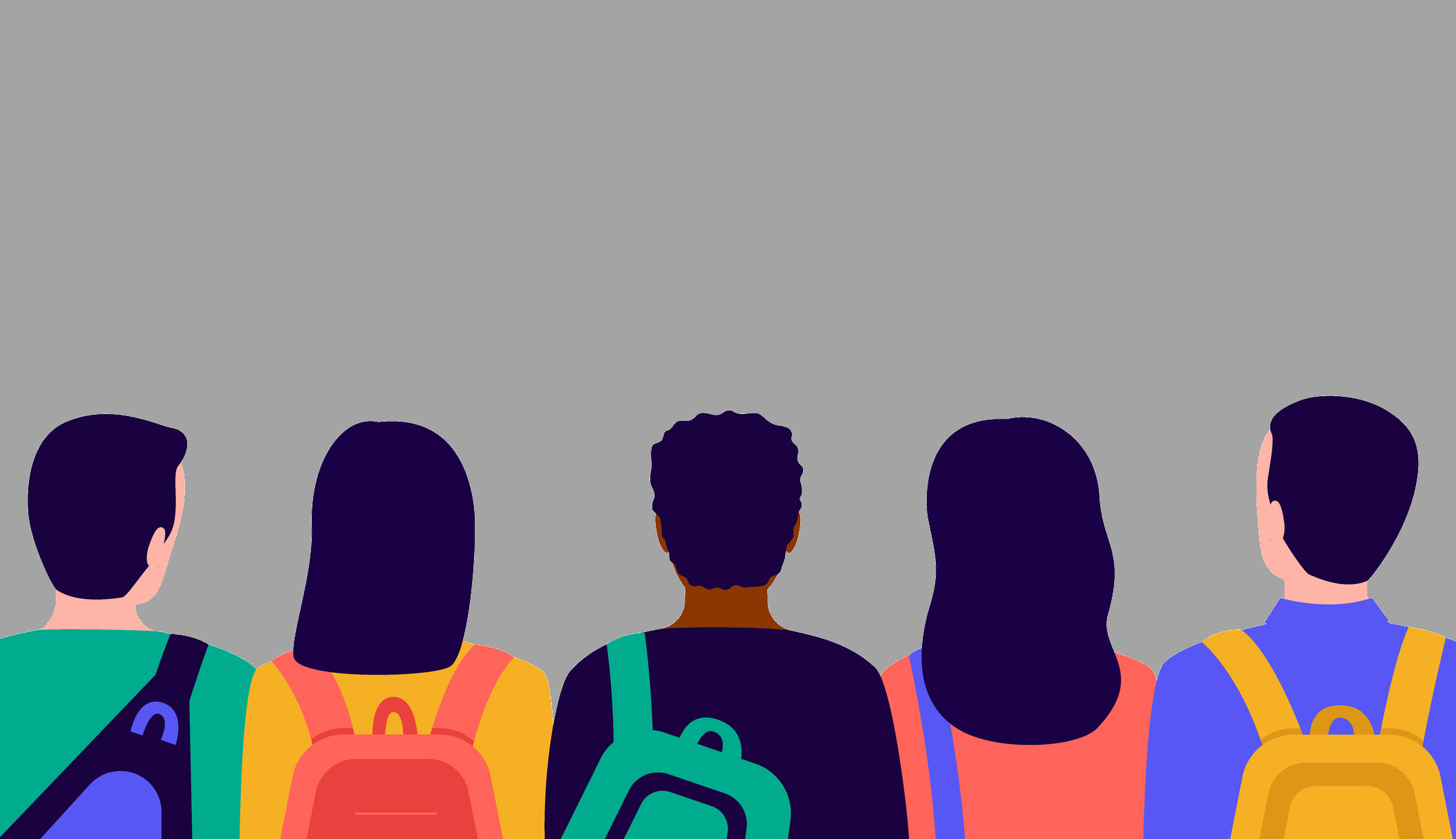 Title IX considerations image that includes five students in varying genders and wearing different colored backpacks