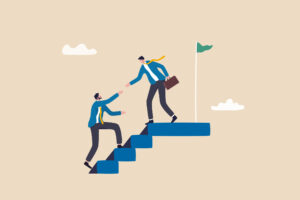 Leadership in liability claims helps colleague reach goals, businessman leader help employee climb to target at top of stair.