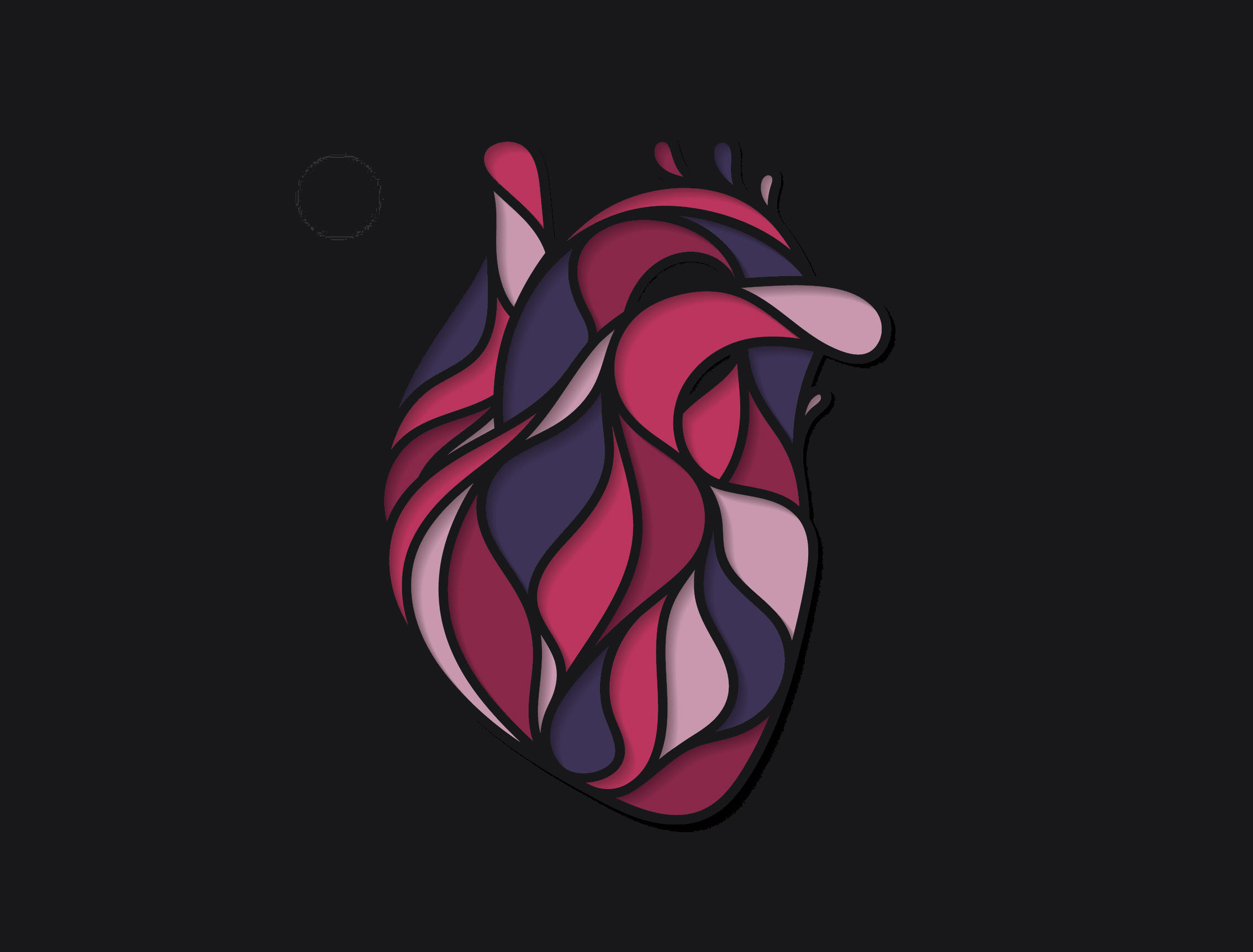 artistic anatomical heart with swirls of pink, red, and purple