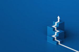 White arrow flows on cube stair shape against blue backdrop, business way concept, minimal style, 3d rendering representing workers' compensation program metrics