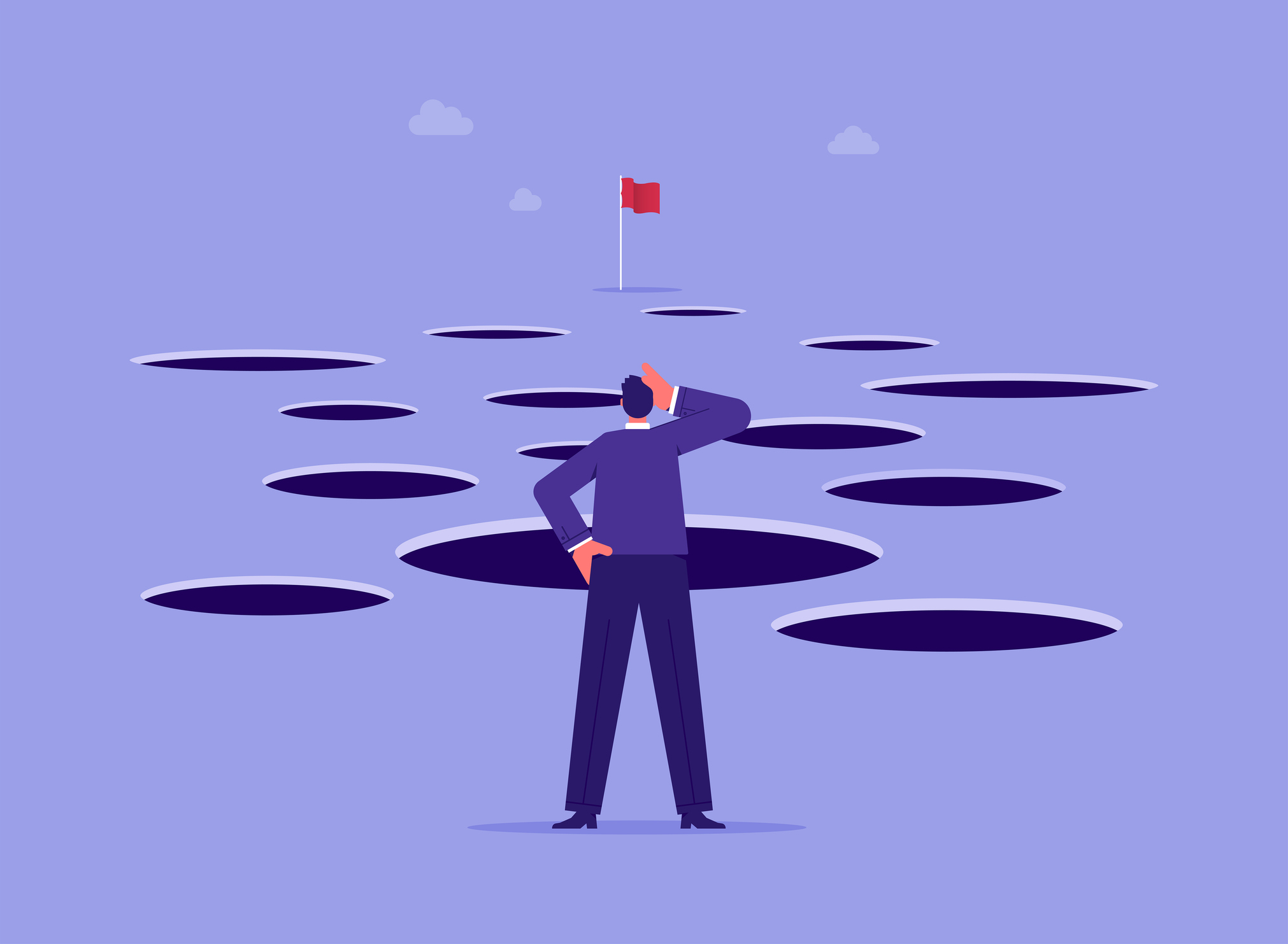 Planning and obstacle avoidance concept, businessman with many pitfalls to achieve business success