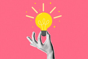 Halftone collage retro banner, paper cut out magazine elements. Hand holding flat glowing light bulb on textured pink background. Answer, idea, problem solving or business solution concept.