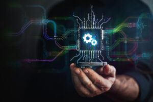 Productivity evolution concept. Futuristic gears in world of technology progress and innovation