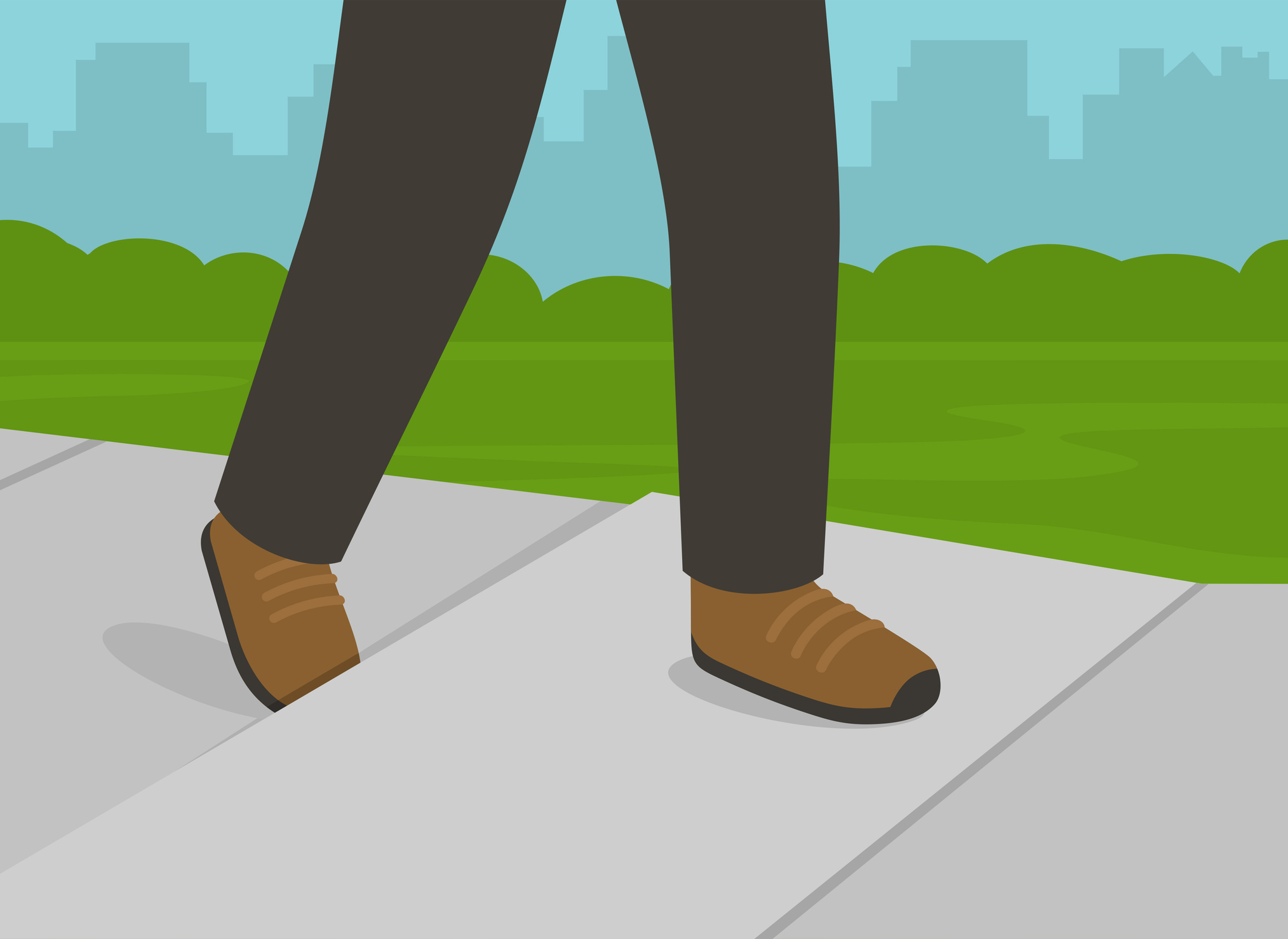 Character walking on sidewalk and about to fall down. Close-up view of foot stumbling over raise sinking concrete sidewalk. Representing tribology
