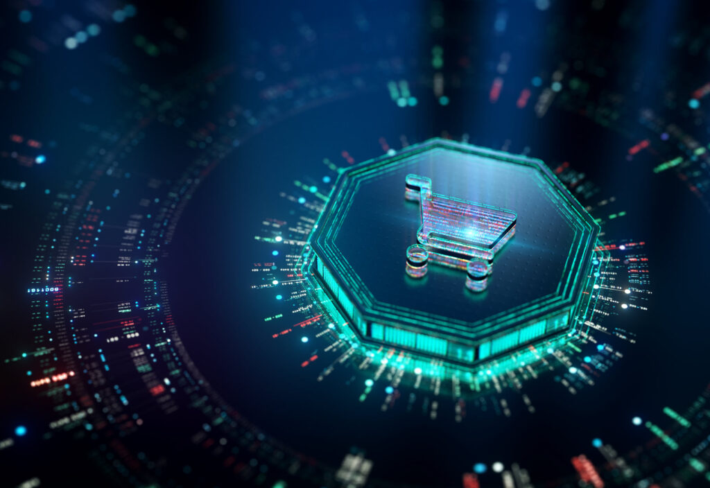 tech hardware with shopping icon in the center to represent retail