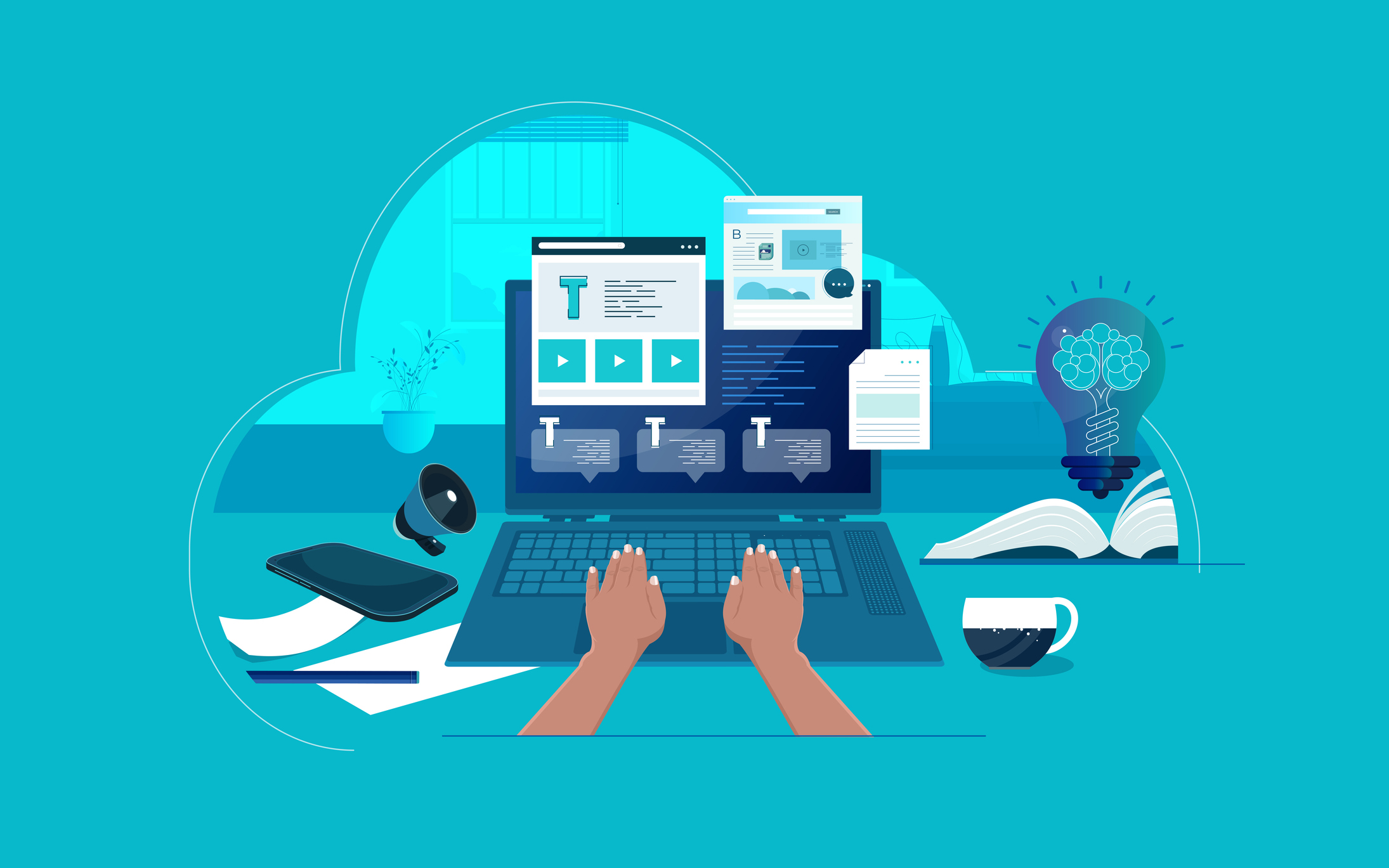 Online learning management represented by hands at keyboard with pop-up on screen of videos and sample text with blue background, surrounded by light bulb, paper, and pen