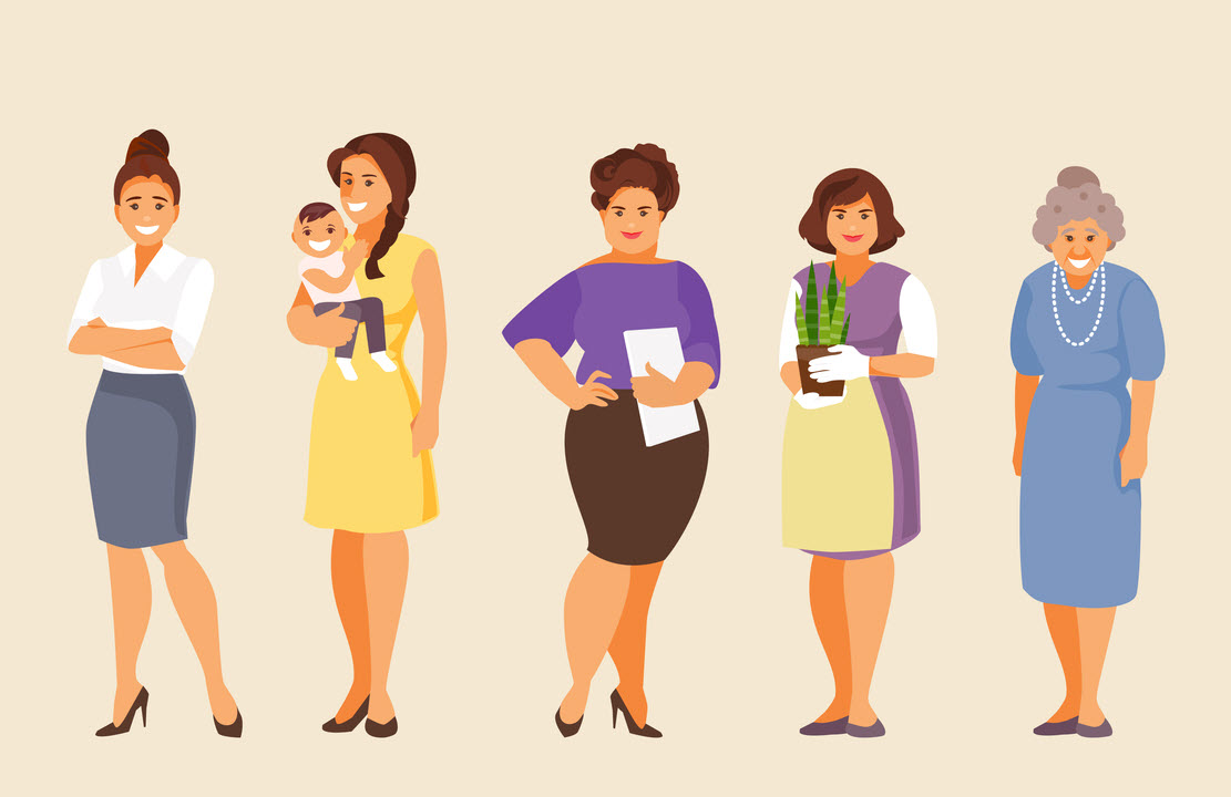 five generations of women from Generation Z to Millenial with a child, to Generation X to a Baby Bommer holding a plant and then a Traditionalist.