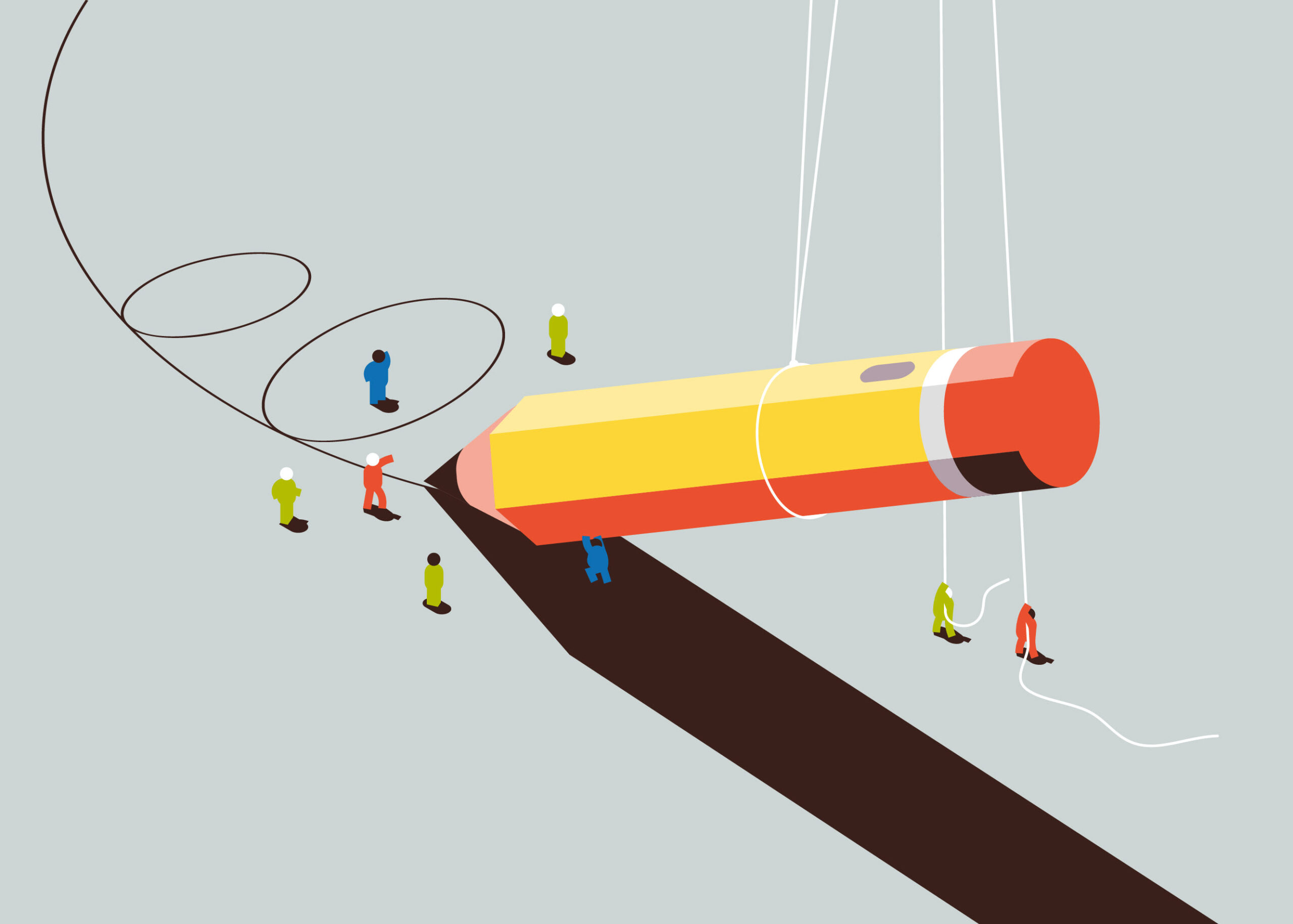 giant pencil casting a shadow being suspended in the air, writing on one side, surrounded by people below. Two people are pulling on the strings to keep the pencil suspended.