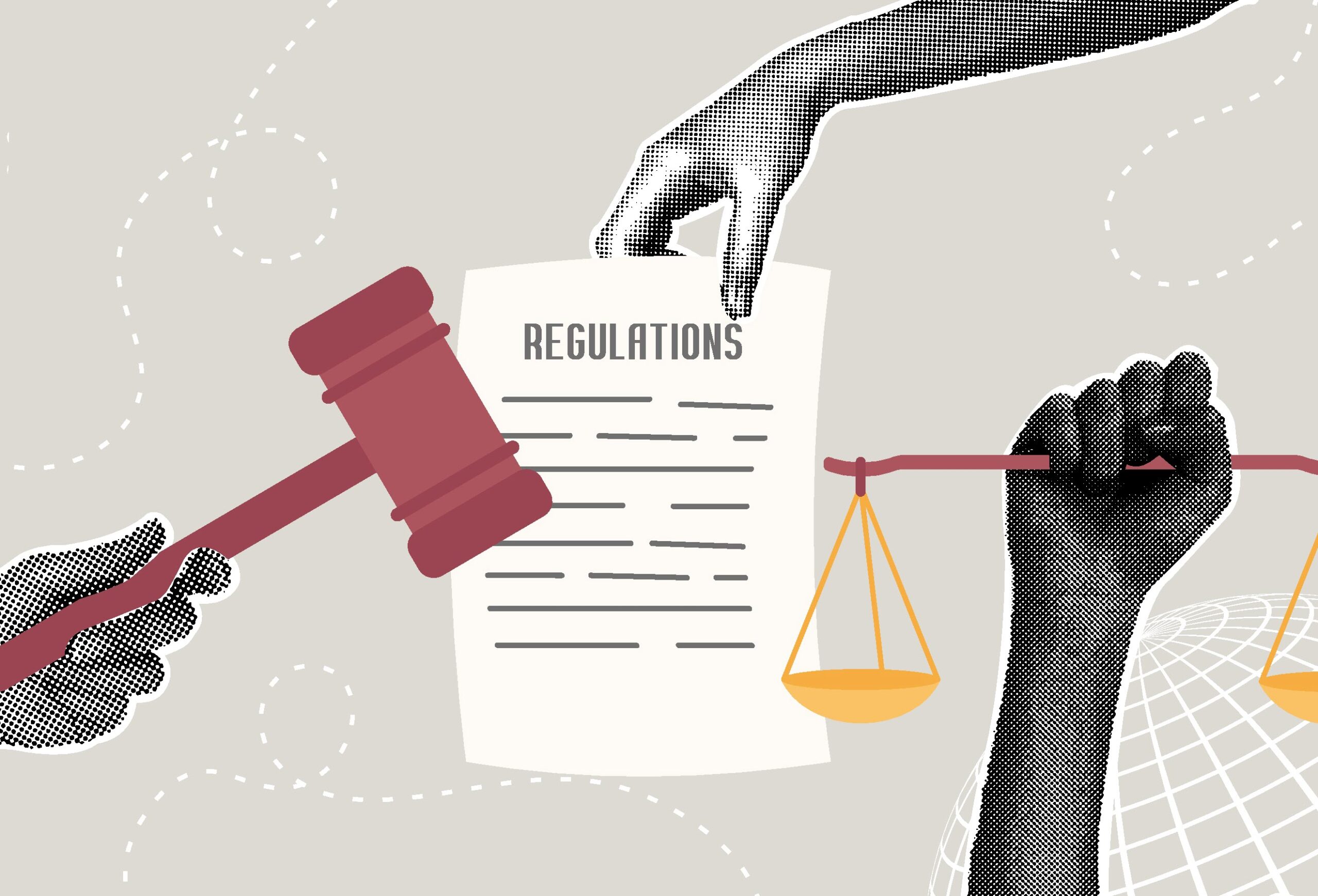 hand holding gavel, hand holding scales of justice, and another hand holding a paper with the words "regulations" on it