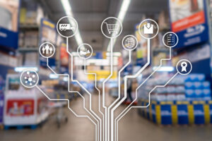 Retail concept marketing channels E-commerce Shopping automation on blurred supermarket background