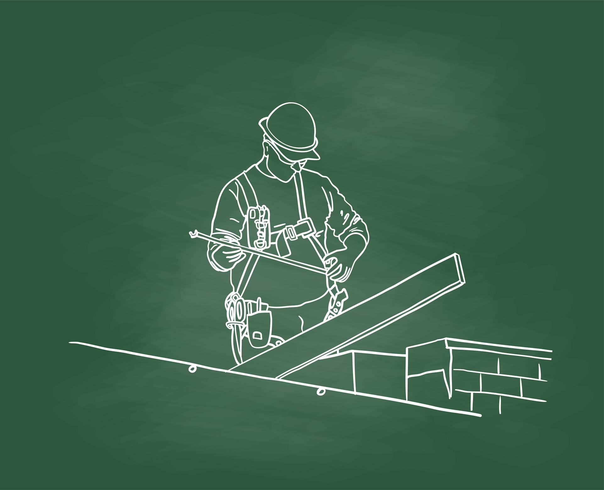 Construction worker carpenter at work on a rooftop taking some measurements. vector illustration drawing
