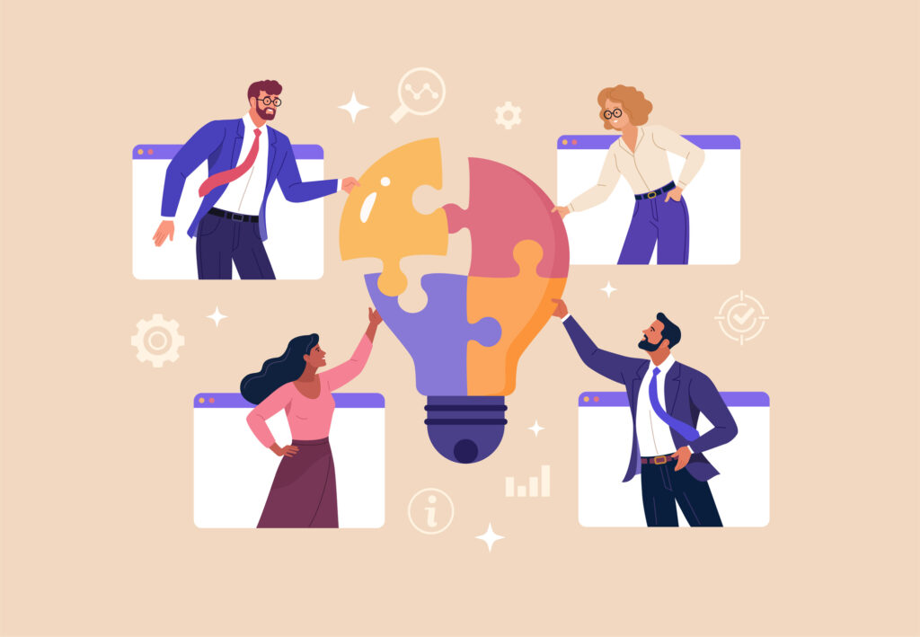 Vector illustration of a group of diverse people in web windows assembling a light bulb puzzle. Isolated on background