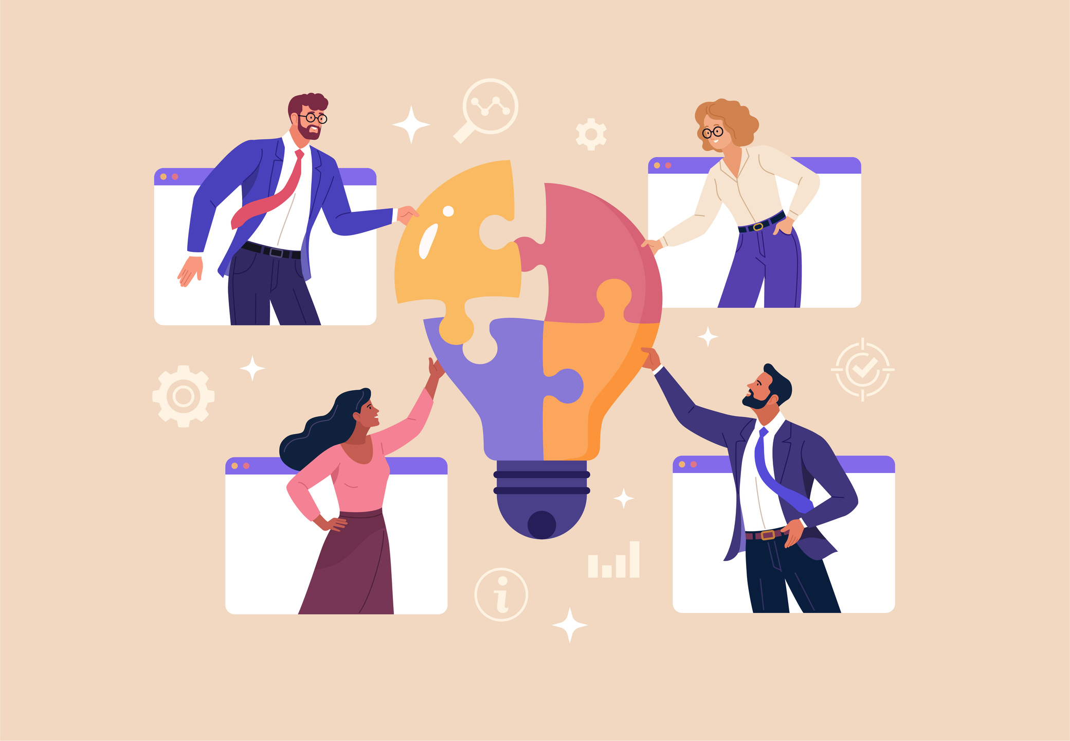 Vector illustration of a group of diverse people in web windows assembling a light bulb puzzle. Isolated on background