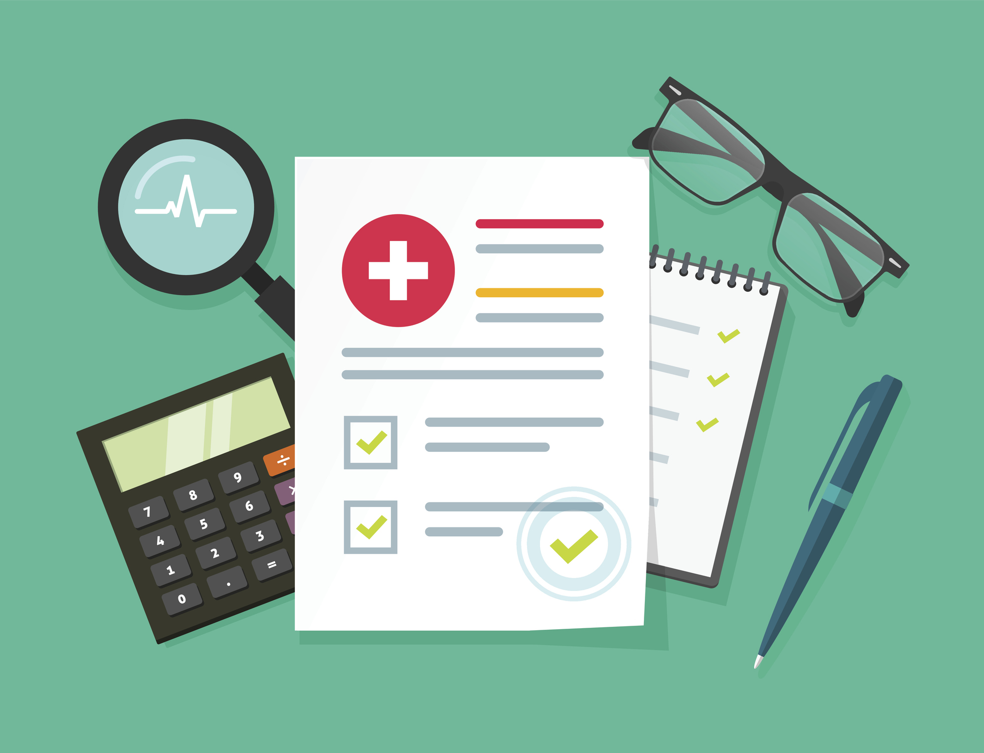 Medical research report vector illustration, flat cartoon health or medical record paper document with patient data or information on table, concept of medicine check list, approved good test analyze