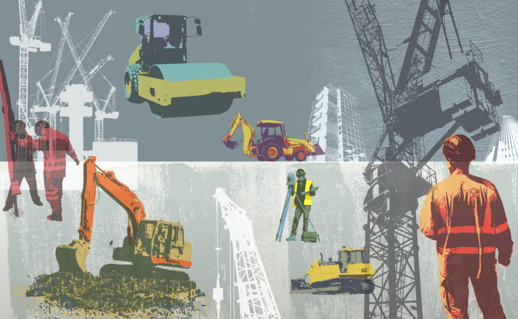 Collage styled urban graphic of Construction theme. Construction Workers, workers, Vehicle Scoop, Demolishing, Earthmover, Excavator, Tractor,