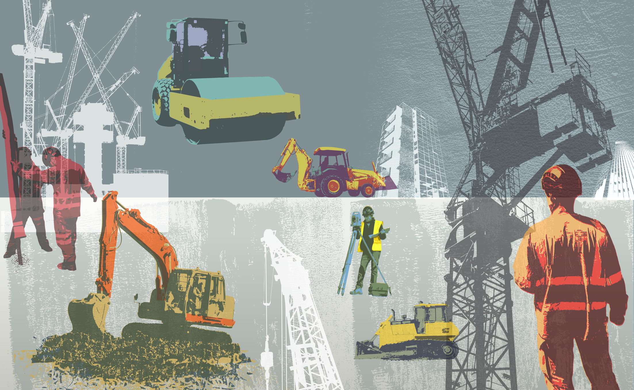 Collage styled urban graphic of Construction theme. Construction Workers, workers, Vehicle Scoop, Demolishing, Earthmover, Excavator, Tractor,