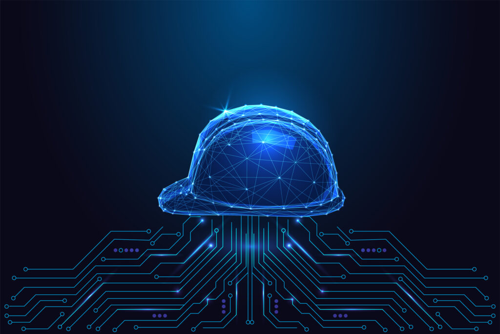 Smart industry, worker safety technology concept with glowing polygonal hard hat connected to electronic circuit board on dark blue background. Futuristic low poly style, abstract vector illustration.