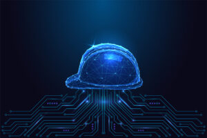 Smart industry, worker safety technology concept with glowing polygonal hard hat connected to electronic circuit board on dark blue background. Futuristic low poly style, abstract vector illustration.