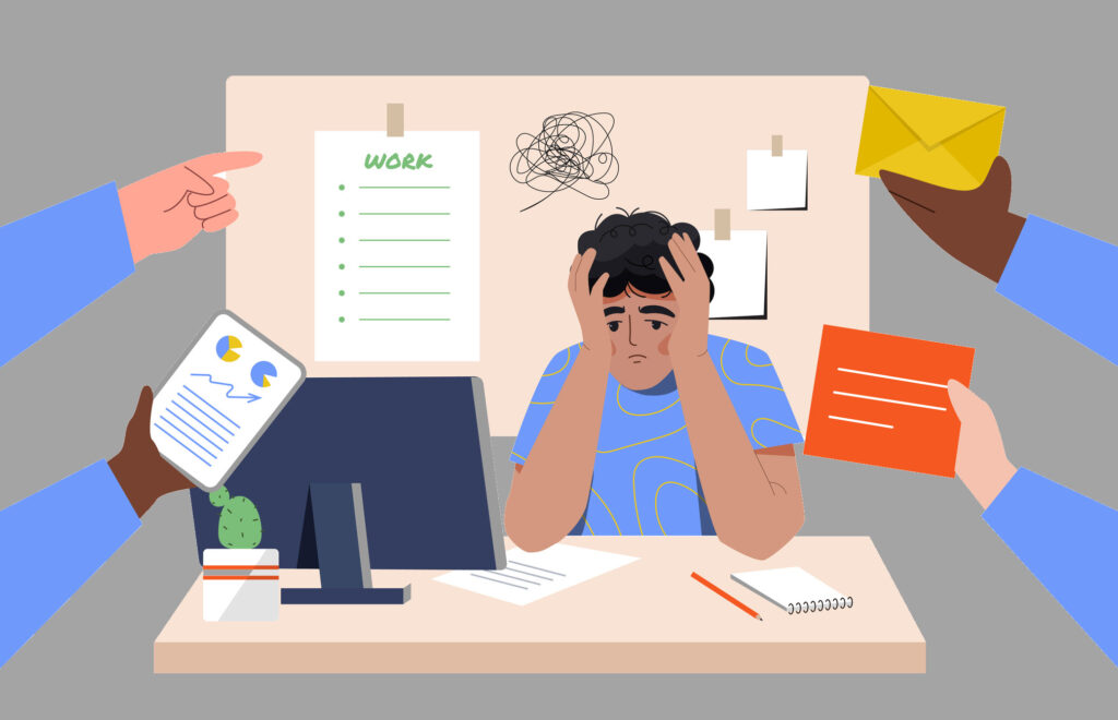 Stressed worker with several hands coming into frame with new various projects for them to tackle