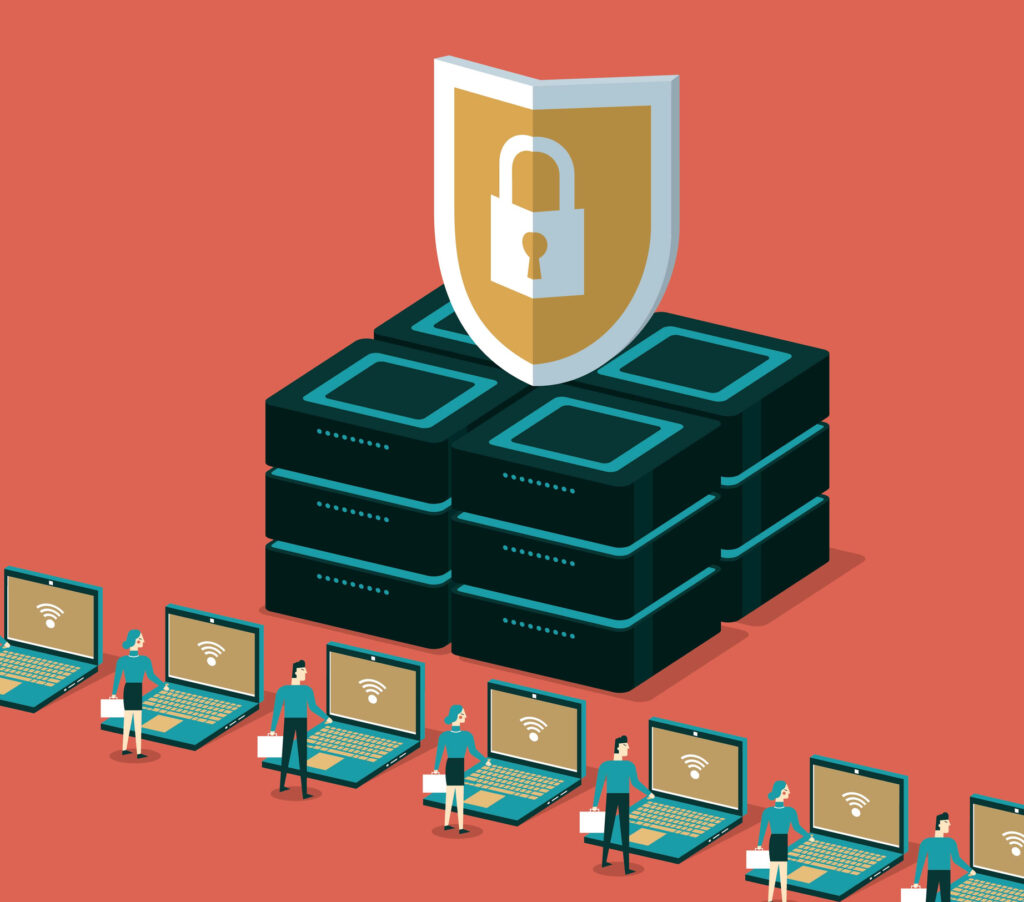 Data security, database protection, information storage, server, datacenter vector illustration