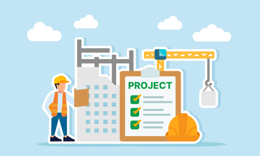 engineer holding clipboard near building construction project with project document list and safety helmet illustration of task list in infrastructure development project
