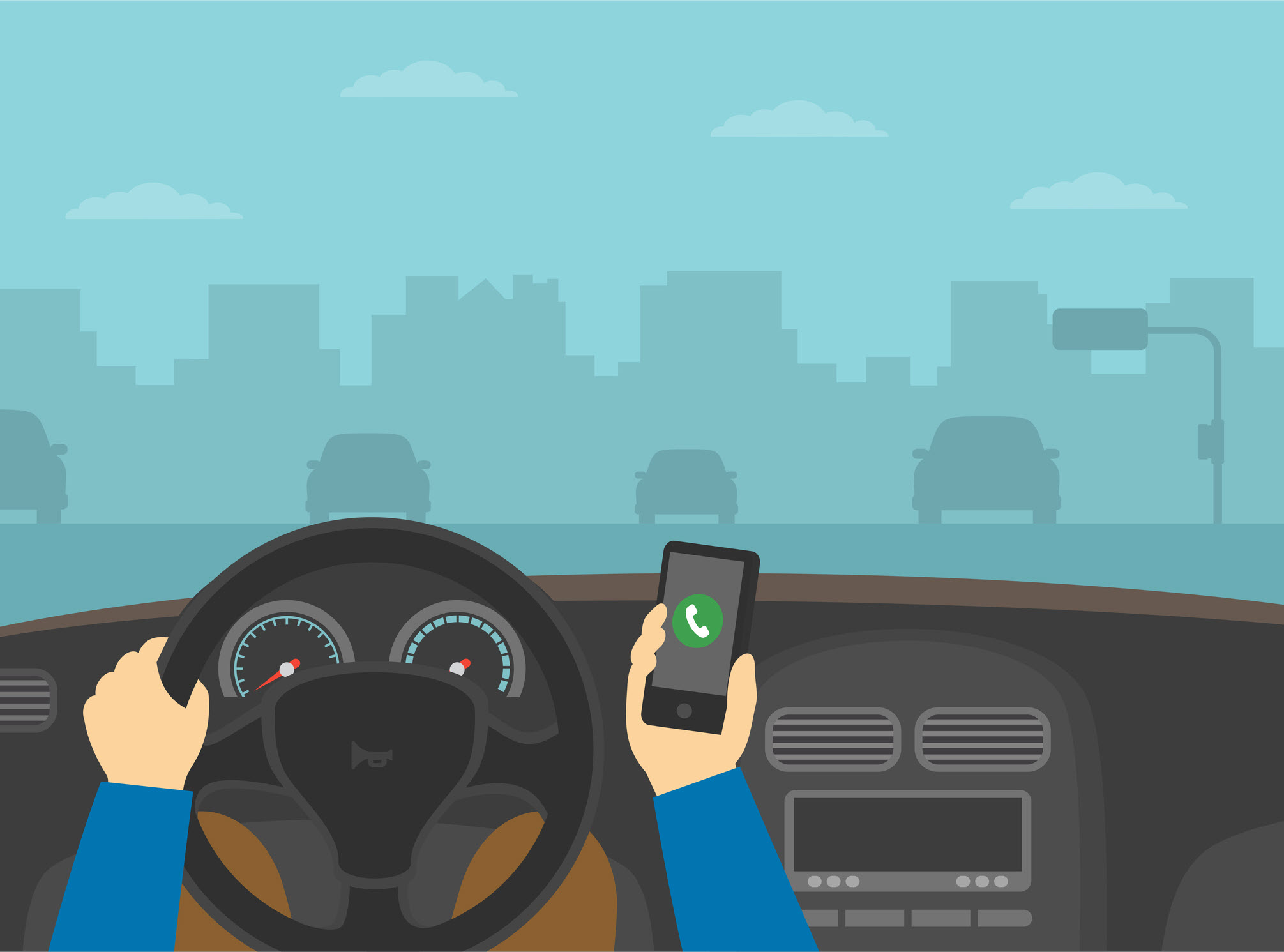 driver behind wheel on cell phone, distracted while driving amongst other drivers on highway