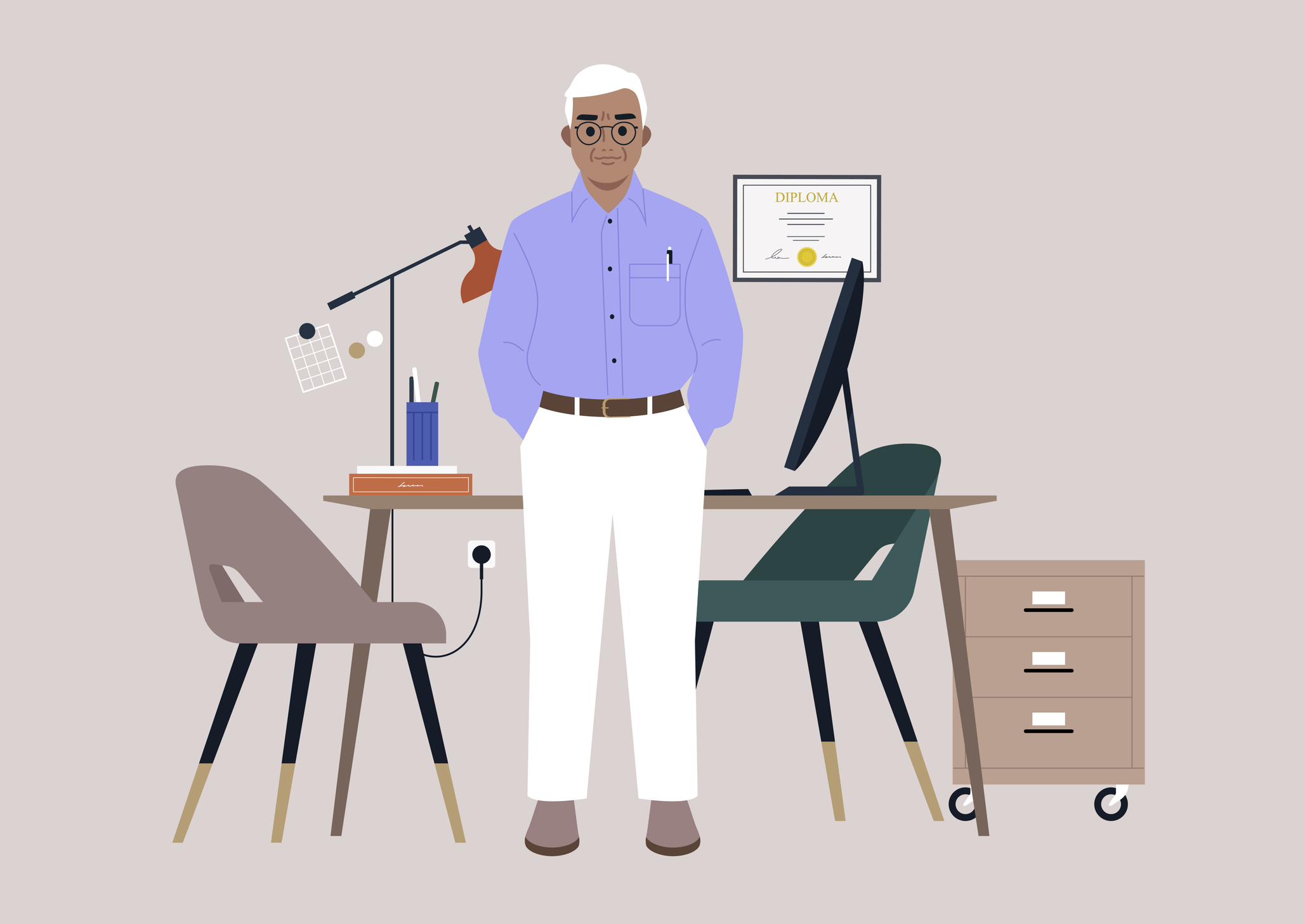 A senior male character standing in their office, CEO of the company