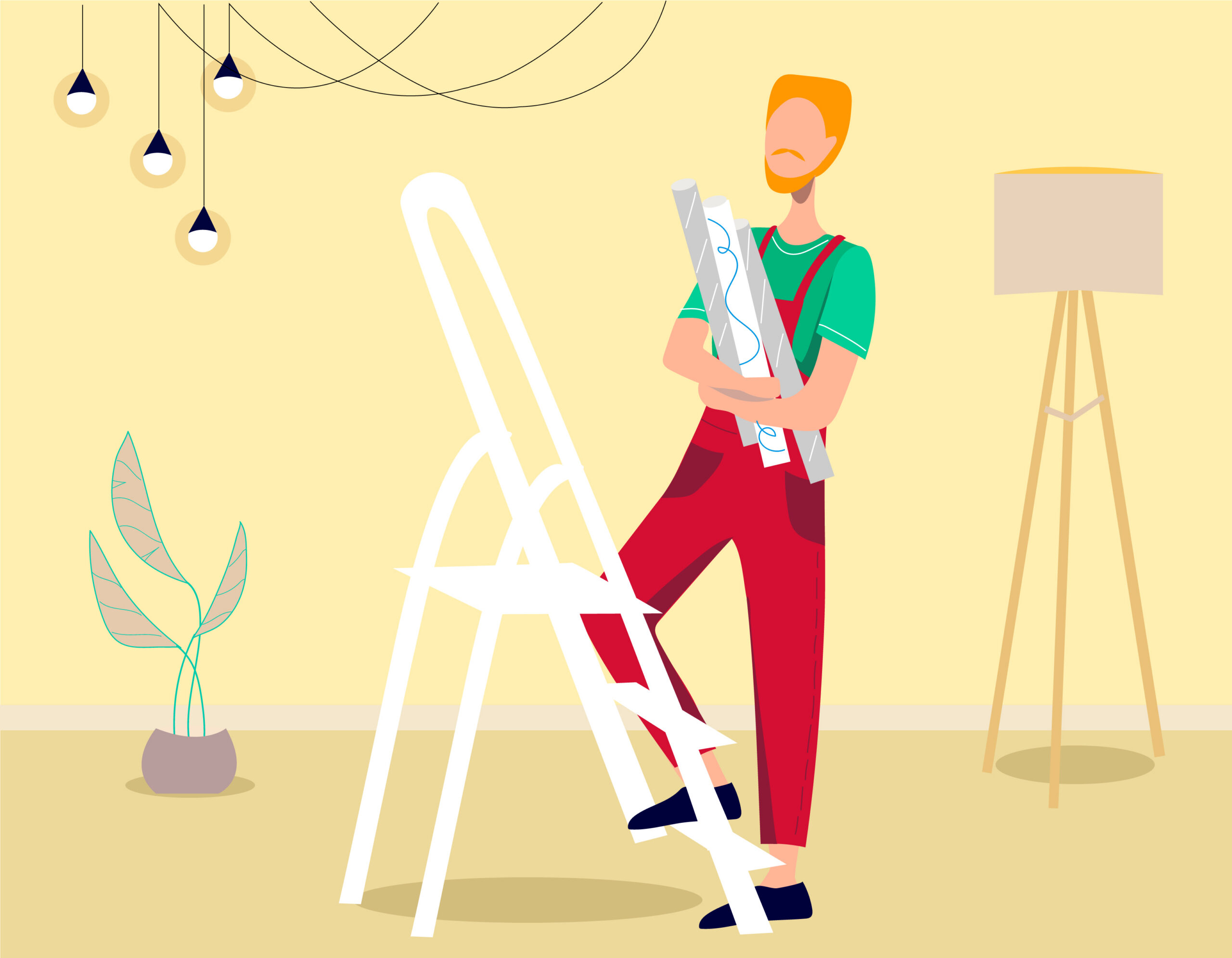 Man glues the wallpaper. The man makes repairs. Flat vector illustration