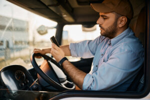 Young truck driver using mobile phone while driving transport vehicle.
