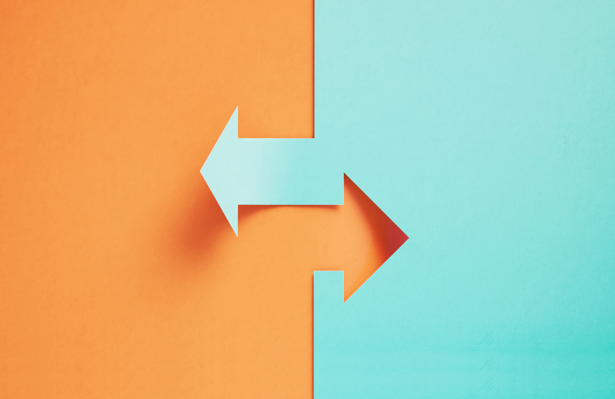 Orange and blue arrows pointing opposite directions. Decisions and dilemma concept.