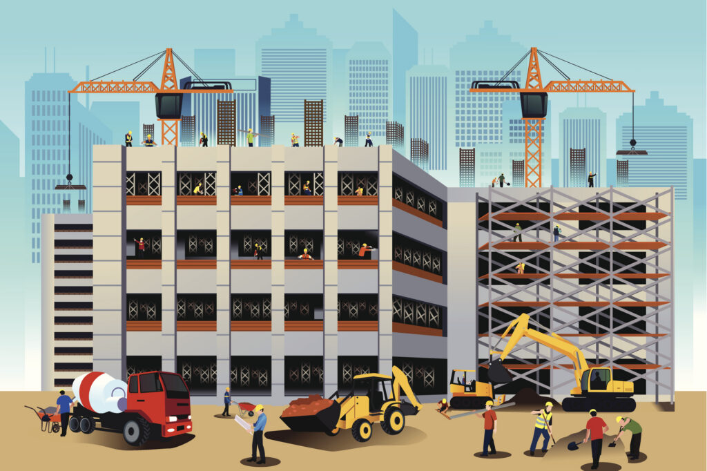 A vector illustration of building construction scene